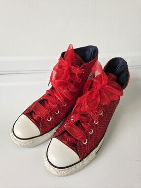 Converse Red Oriental Brocade Satin Lace Up High Tops Size Womens 8